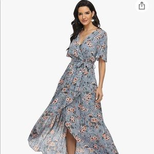 Wrap, V Neck, Floral, High Low Summer Dress